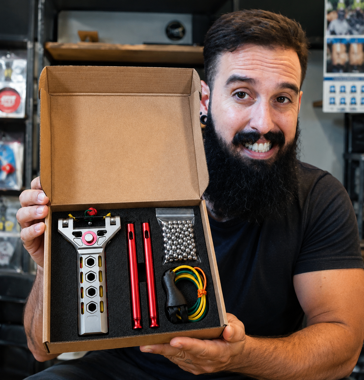 Homem segurando a caixa aberta do kit APEX PRECISION™ com acessórios inclusos