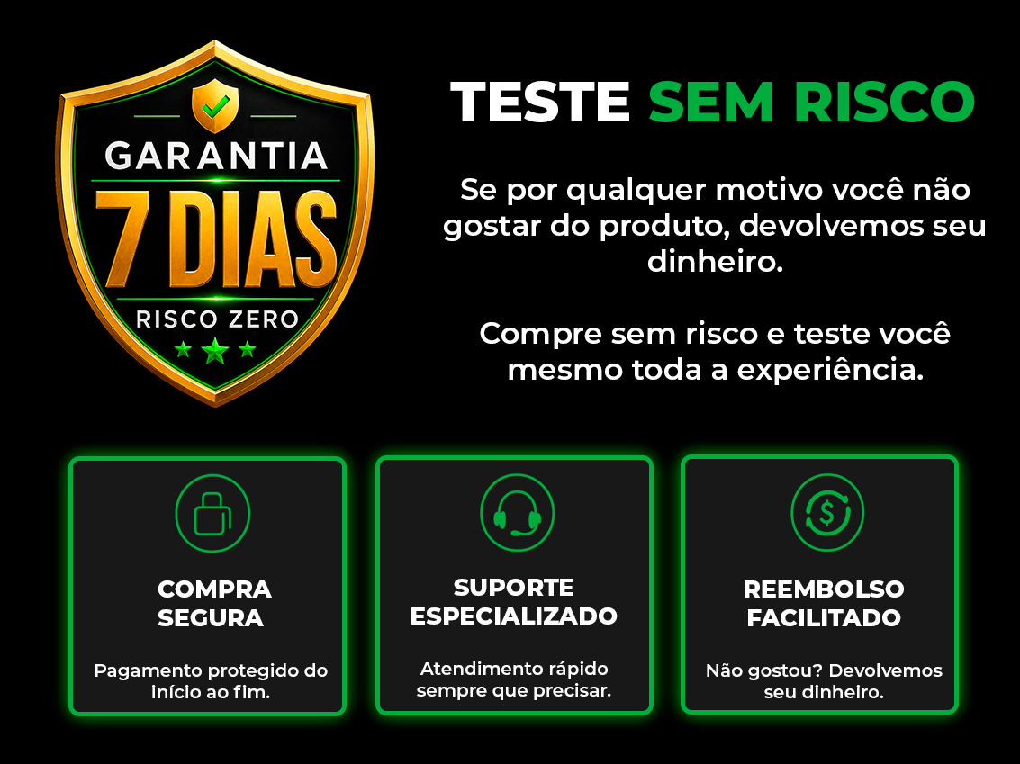 Garantia de 7 dias risco zero: compra segura, suporte especializado e reembolso facilitado